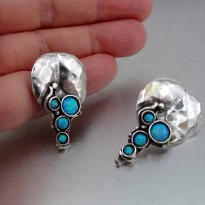 Hadar Designers Handmade Sterling Silver Blue Opal Earrings Pendant Set (H 2663