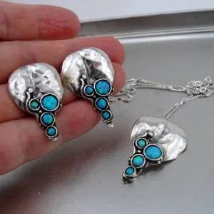 Hadar Designers Handmade Sterling Silver Blue Opal Earrings Pendant Set (H 2663