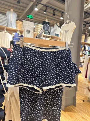 JazzHer 2025 Vintage Cotton Shorts Women Casual Blue Floral Print Elastic Waist Shorts Summer Y2k Streetwear Slim Cute Home Short Pants