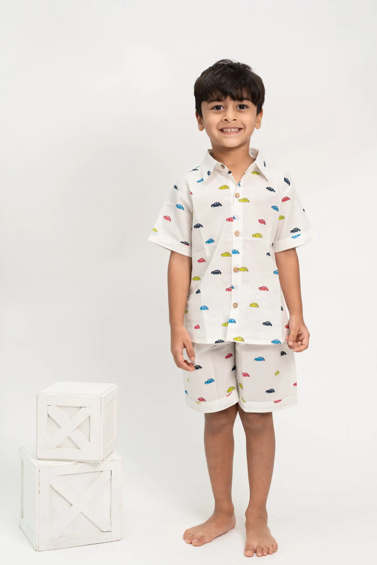 Klingaru Shirt and Short set - Multicolour Cars on White