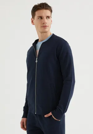 Lacivert Pamuklu Regular Fit Erkek Fermuarlı Cepli Sweatshirt CORE BOMBER JACKET