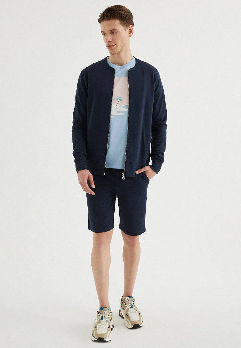 Lacivert Pamuklu Regular Fit Erkek Fermuarlı Cepli Sweatshirt CORE BOMBER JACKET