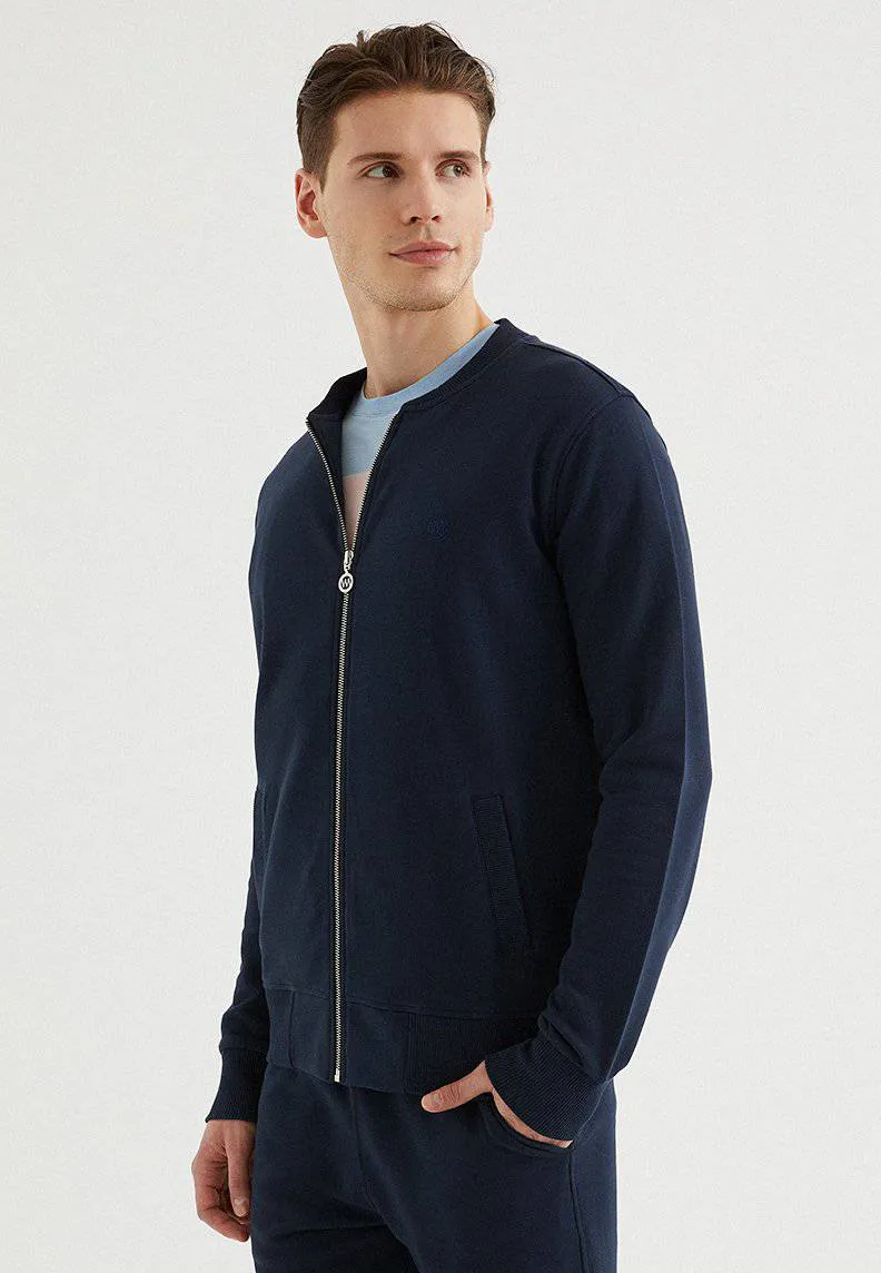 Lacivert Pamuklu Regular Fit Erkek Fermuarlı Cepli Sweatshirt CORE BOMBER JACKET
