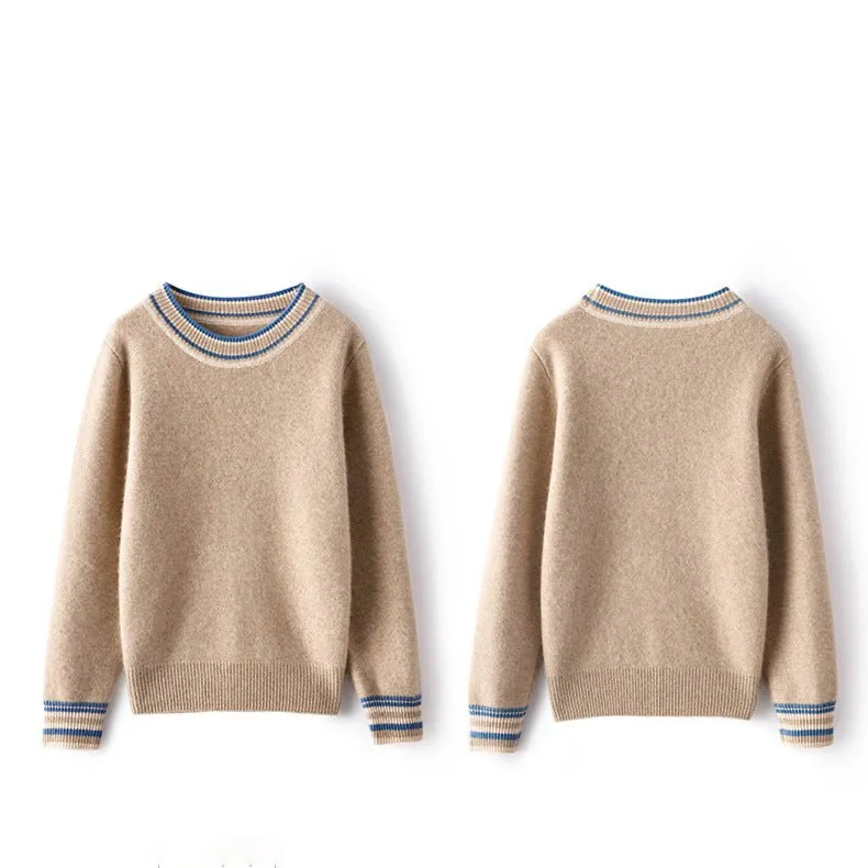 Ladies Colorful Striped Trim Crew Neck Cashmere Sweater