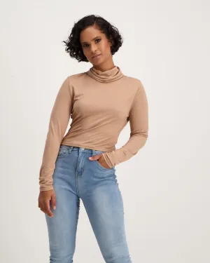 Ladies-Long Sleeve Crop Crinkle Turtle Top