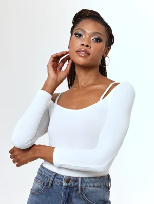 Ladies Long Sleeve Off The Shoulder Textured Bodysuit - White