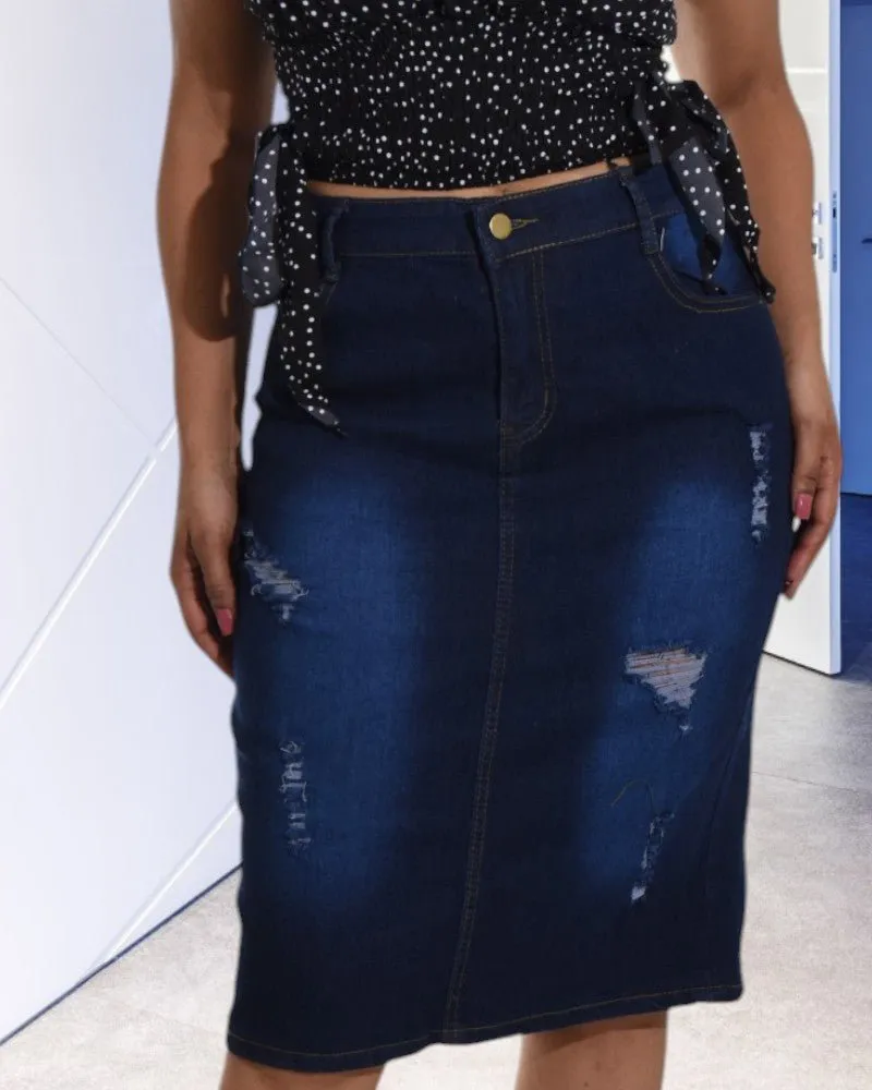Ladies Ripped Denim Skirt