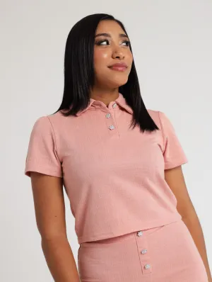 Ladies Shoer Sleeve Diamante Button Textured Knit Top - Dusty Pink