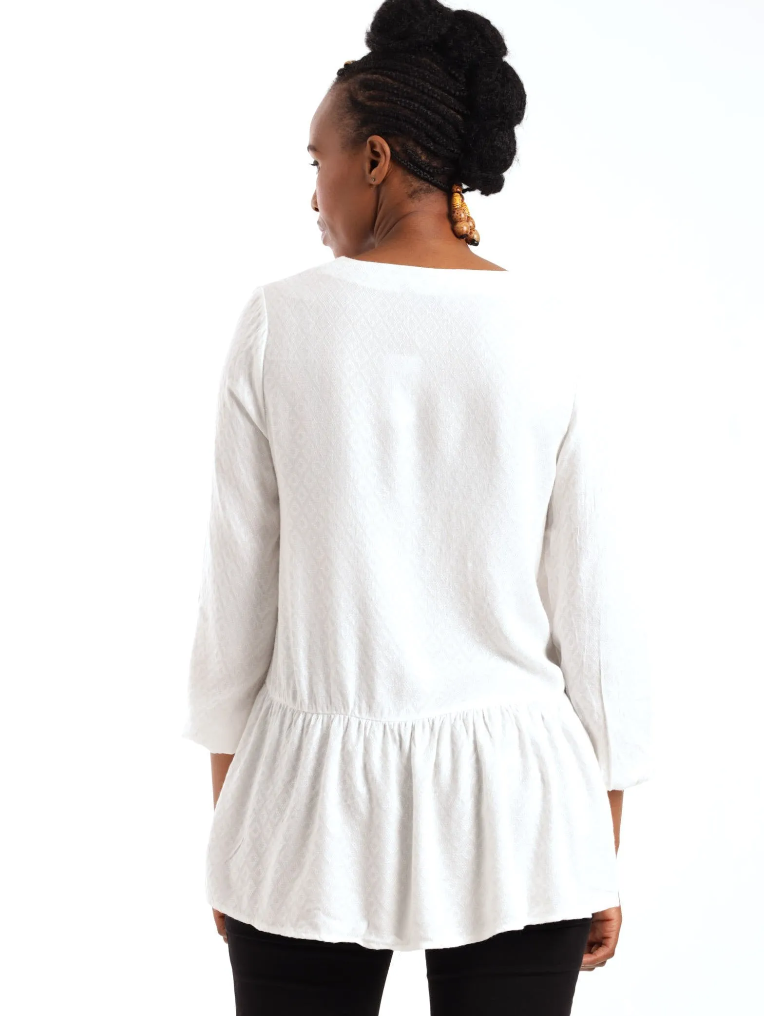 Ladies Textured Button Through Top - White
