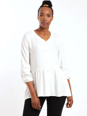 Ladies Textured Button Through Top - White