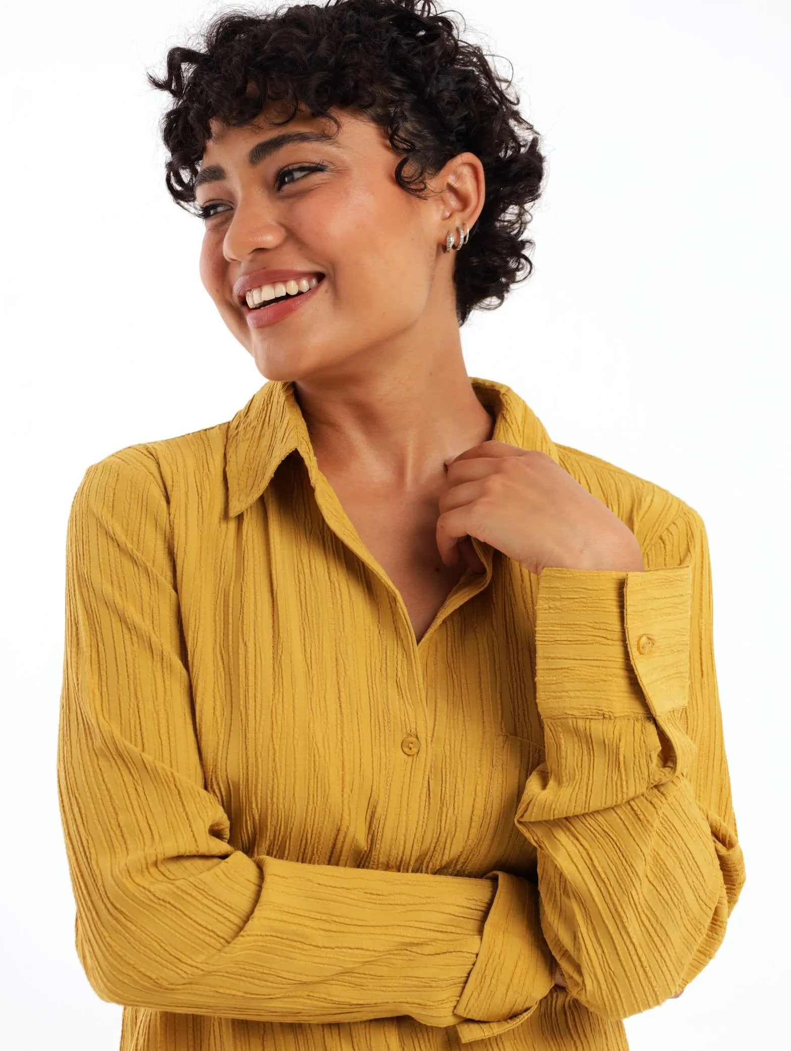 Ladies Textured Longer Length Shirt - Mustard