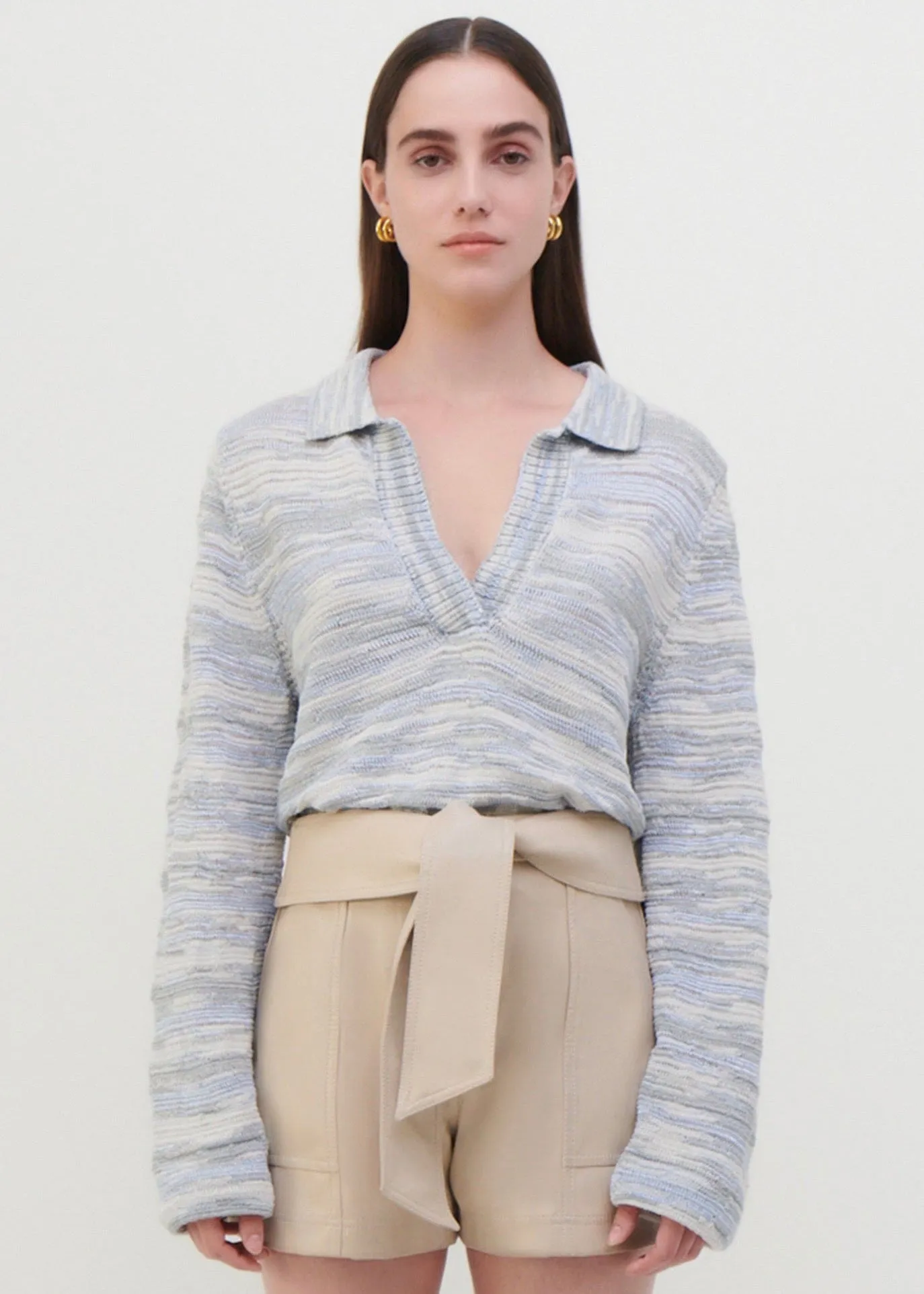 Lara Textured Stripe L/S Polo (Ivory Gray)