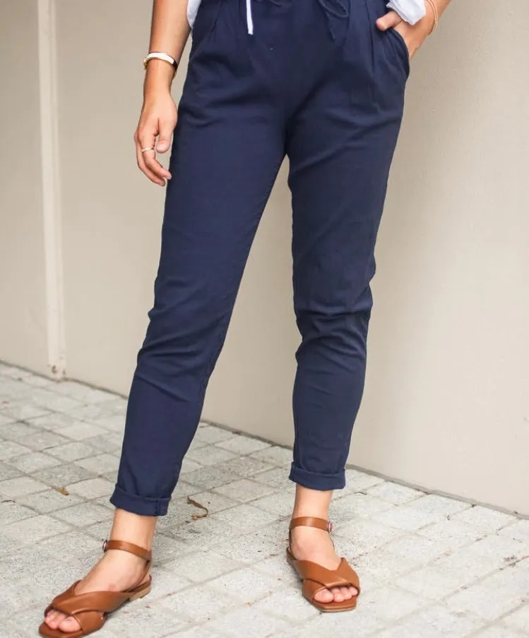 Leah Cotton Tie Waist Pant In Navy