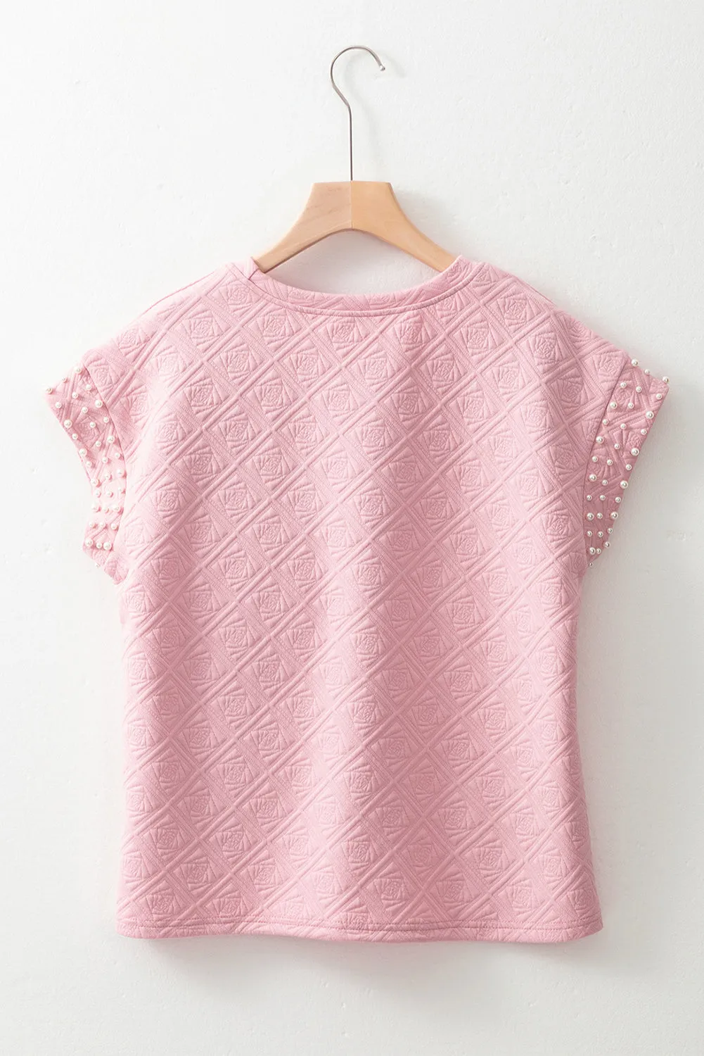 Light Pink Pearl Embellished Flower Textured T Shirt