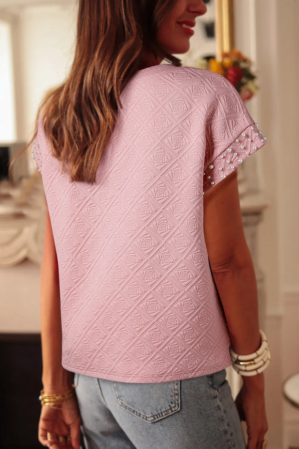 Light Pink Pearl Embellished Flower Textured T Shirt