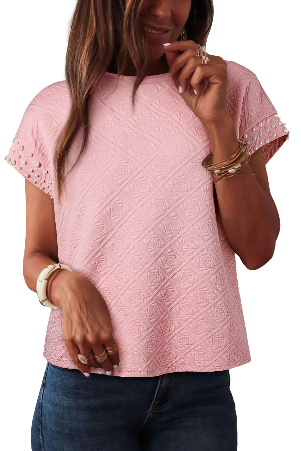 Light Pink Pearl Embellished Flower Textured T Shirt