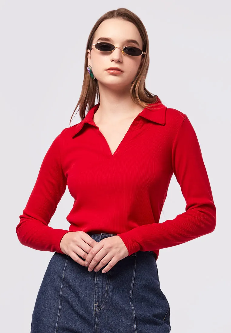 Long Sleeve Rib Polo Top