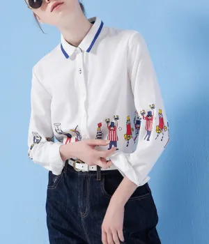 Long Sleeve Shirt Women Cartoon Print Shirt Casual Ladies Blouse Turn Down Collar Women Tops