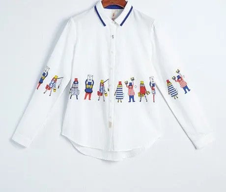Long Sleeve Shirt Women Cartoon Print Shirt Casual Ladies Blouse Turn Down Collar Women Tops