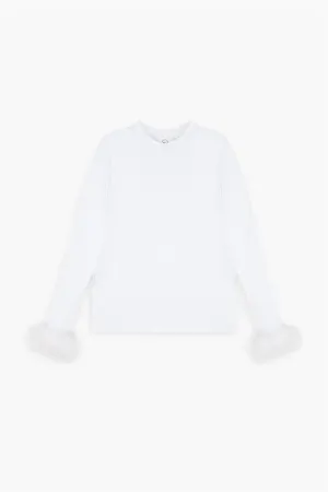 Long Sleeve Stretch Cotton Jersey T-shirt with Detachable Feathers in White