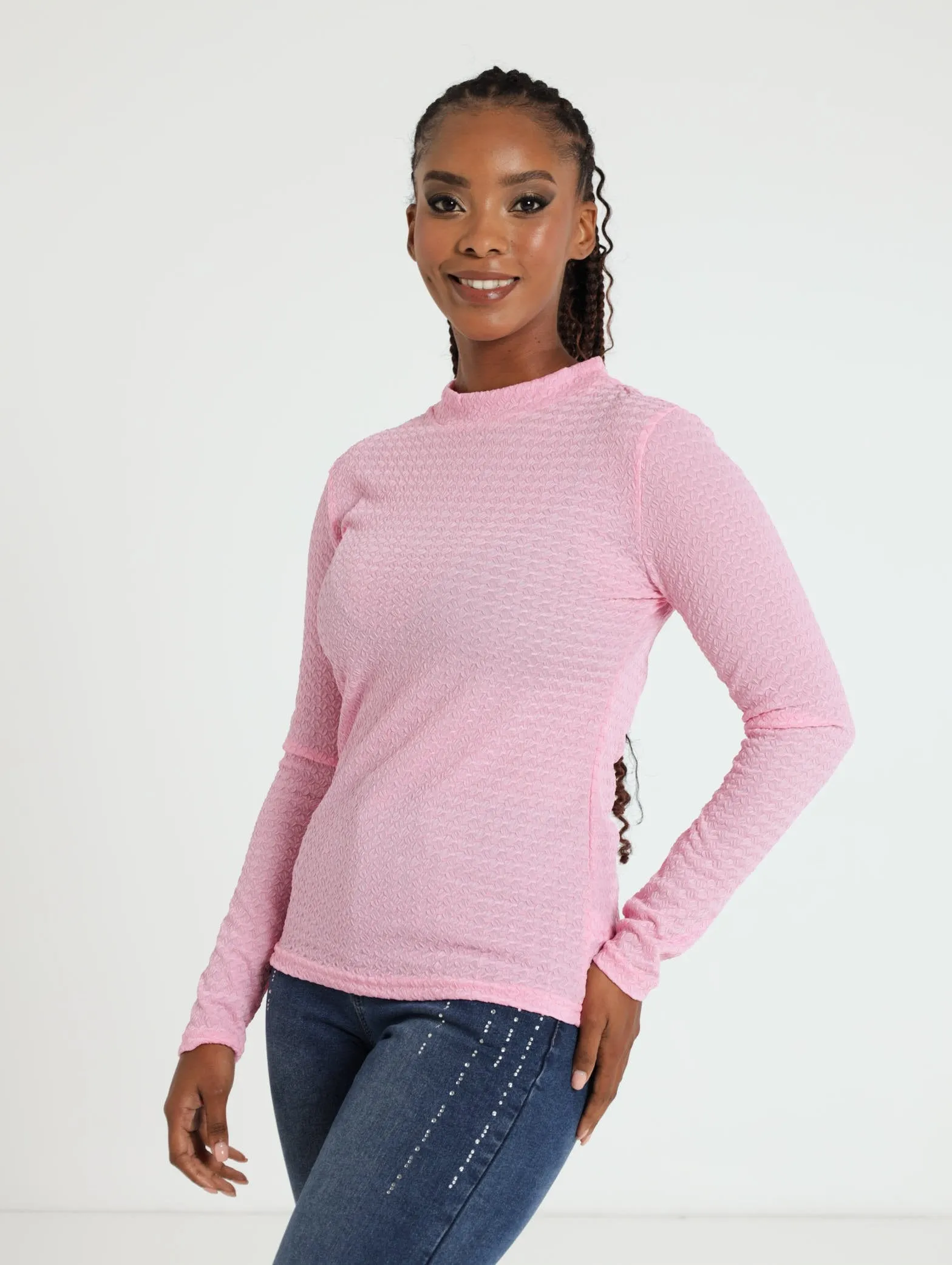Long Sleeve Textured Top - Pink