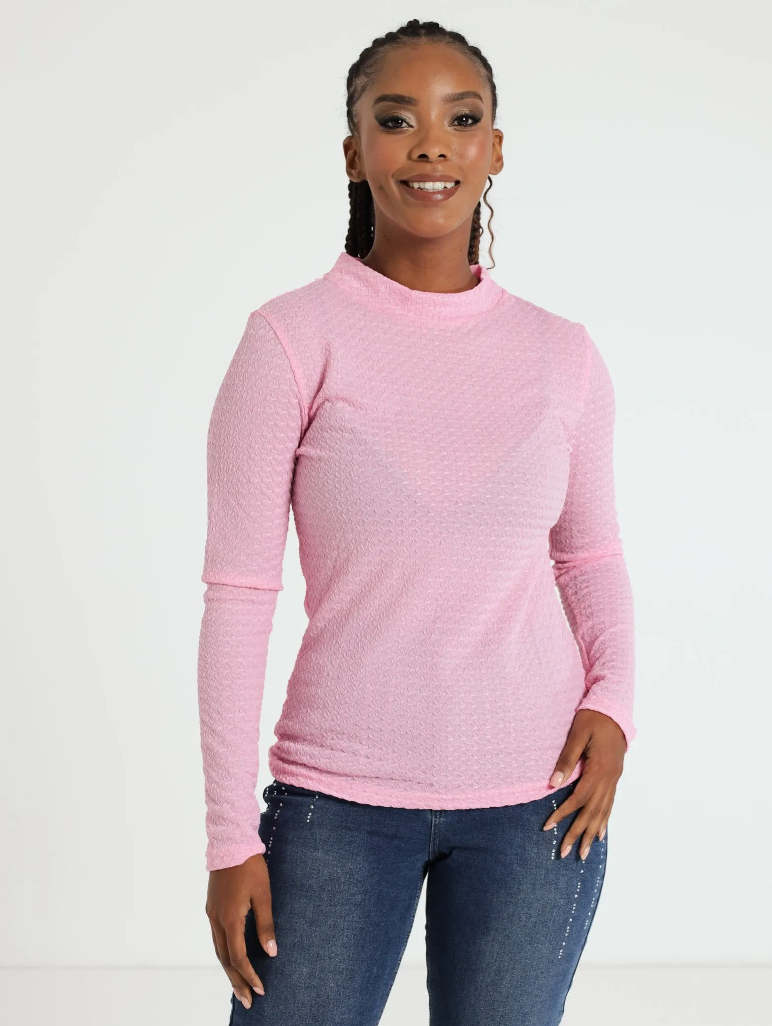 Long Sleeve Textured Top - Pink