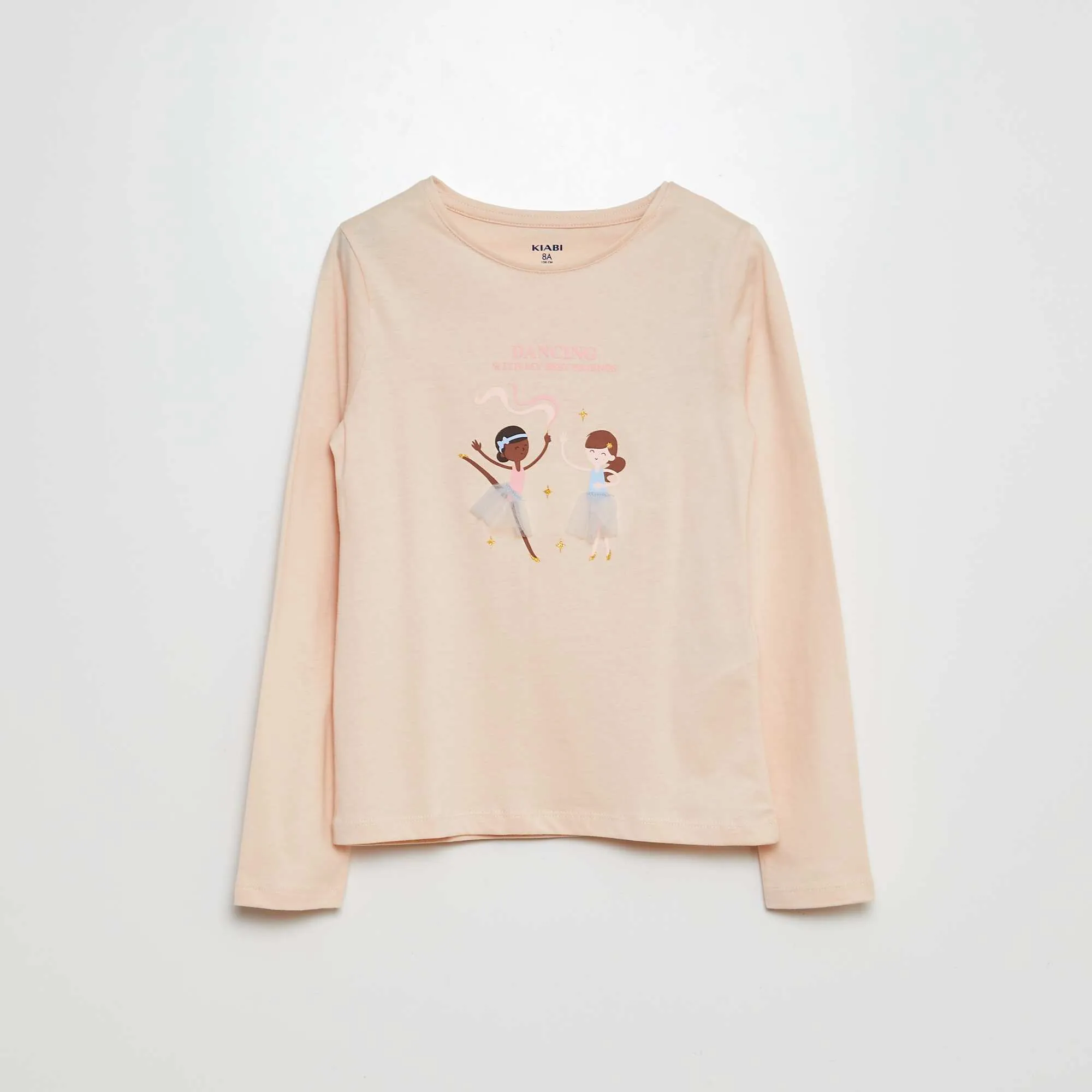 Long-sleeved printed jersey T-shirt with fancy textured designs PINK
