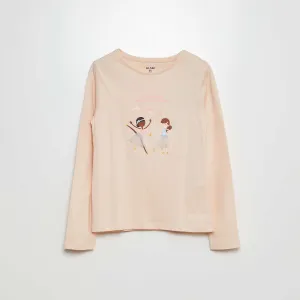 Long-sleeved printed jersey T-shirt with fancy textured designs PINK