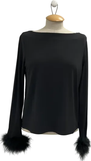 MANGO Black T-shirt With Feather Cuff Detail UK M