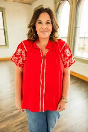 MAREN PLUS EMBROIDERED PUFF SLEEVE TOP