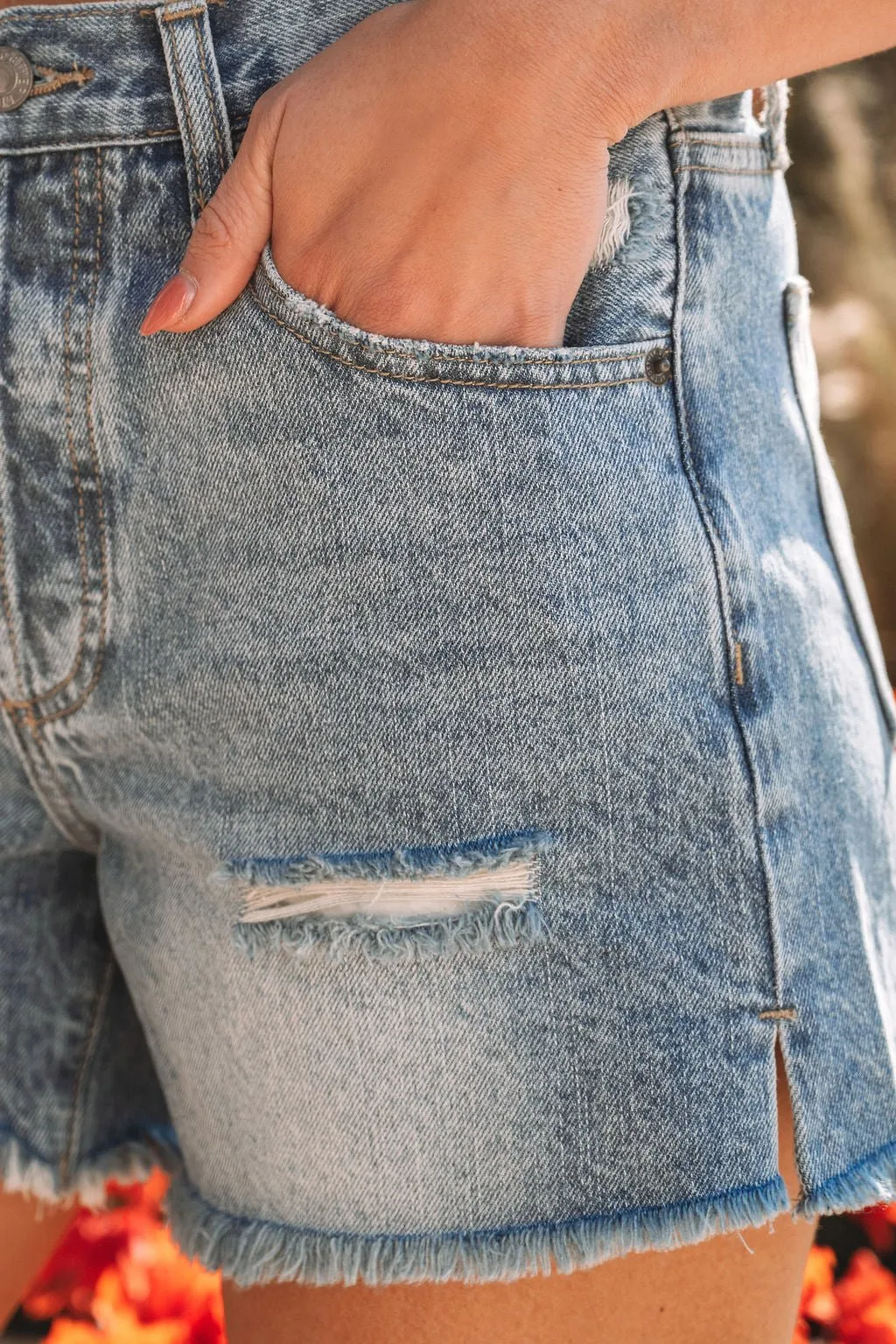 Medium Wash Distressed Denim Shorts