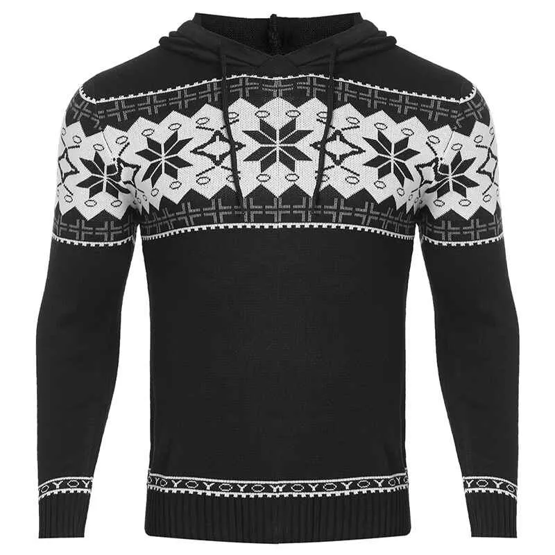 Men's Casual Hooded Knitted Slim Fit Long Sleeves Drawstrings Pullovers Geometric-pattern Sweaters G092