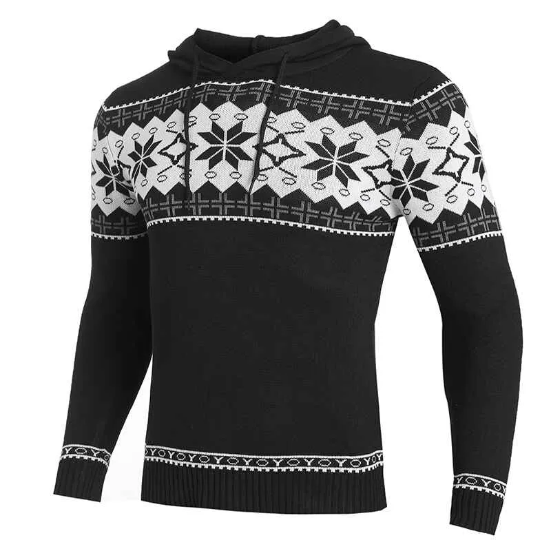 Men's Casual Hooded Knitted Slim Fit Long Sleeves Drawstrings Pullovers Geometric-pattern Sweaters G092