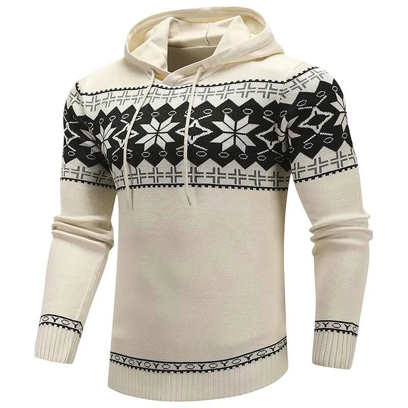 Men's Casual Hooded Knitted Slim Fit Long Sleeves Drawstrings Pullovers Geometric-pattern Sweaters G092