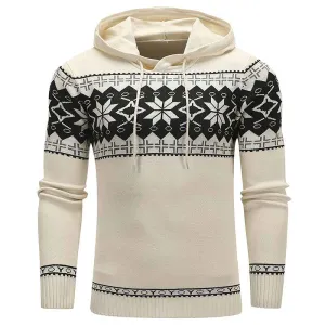 Men's Casual Hooded Knitted Slim Fit Long Sleeves Drawstrings Pullovers Geometric-pattern Sweaters G092