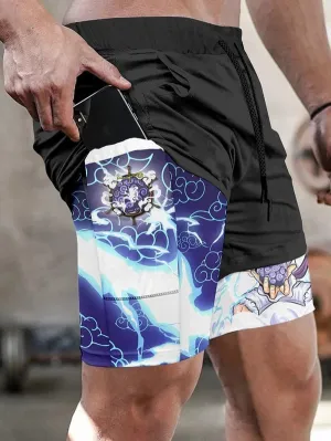 Men's Double Layer Fashionable Anime Digital Print Beach Pocket Shorts