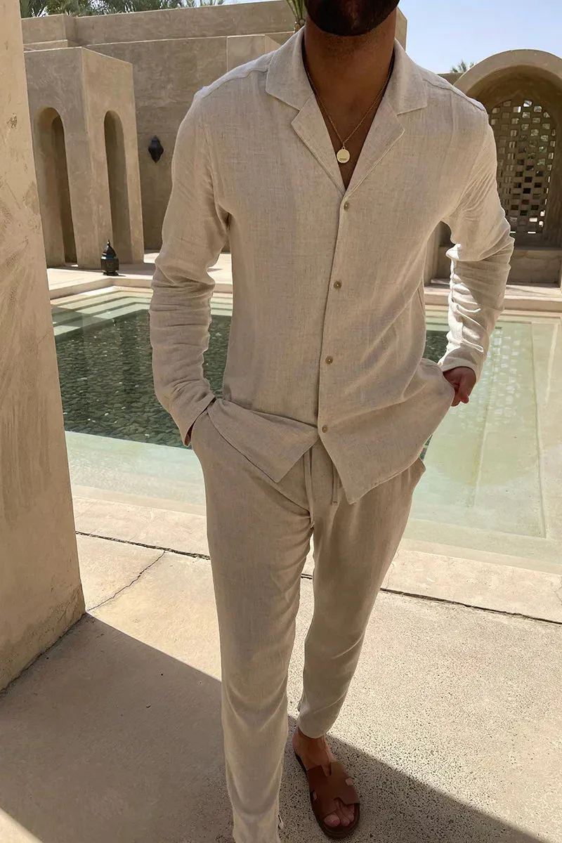Men’s Linen Two-Piece Set – Long Sleeve Shirt – Relaxed Trousers – Summer Fit – Cuban Collar
