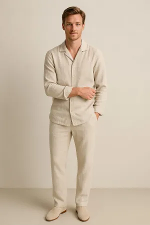 Men’s Linen Two-Piece Set – Long Sleeve Shirt – Relaxed Trousers – Summer Fit – Cuban Collar