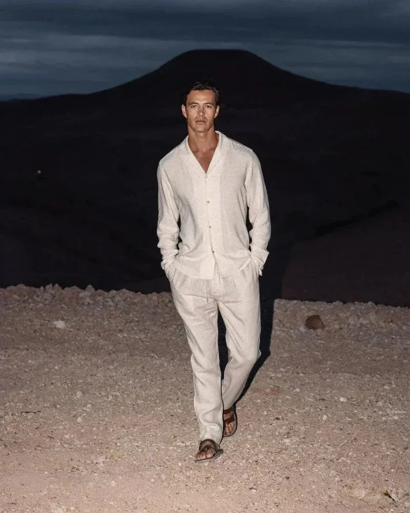 Men’s Linen Two-Piece Set – Long Sleeve Shirt – Relaxed Trousers – Summer Fit – Cuban Collar