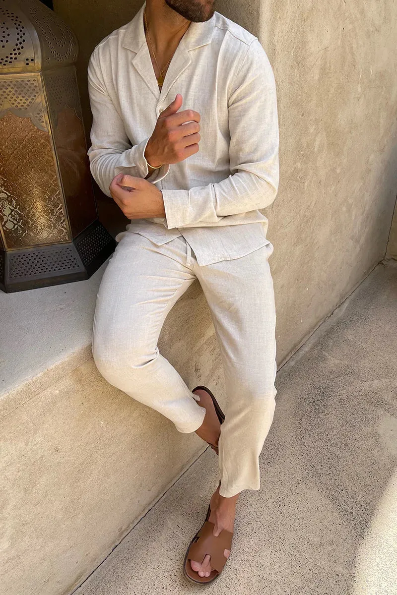 Men’s Linen Two-Piece Set – Long Sleeve Shirt – Relaxed Trousers – Summer Fit – Cuban Collar