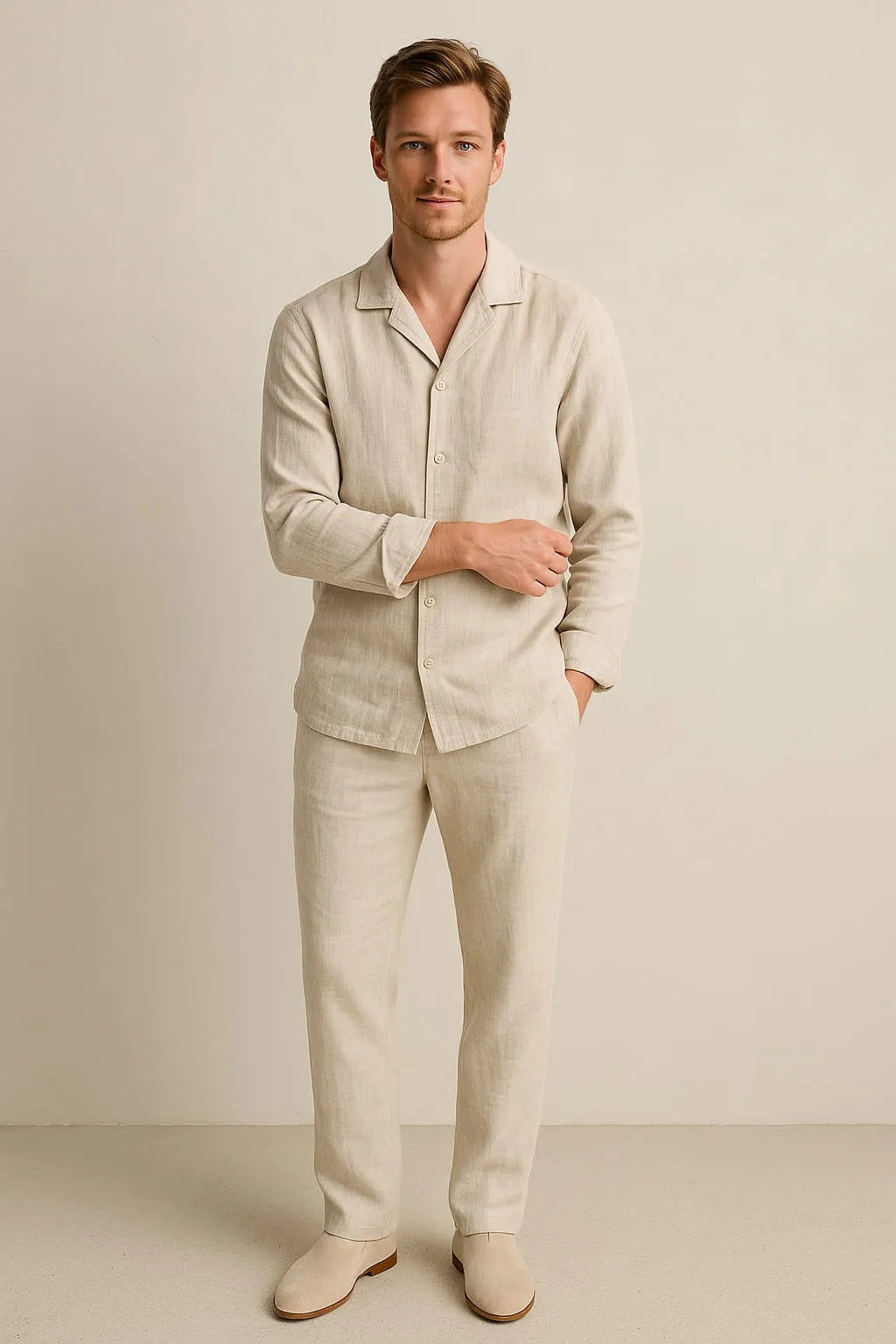 Men’s Linen Two-Piece Set – Long Sleeve Shirt – Relaxed Trousers – Summer Fit – Cuban Collar