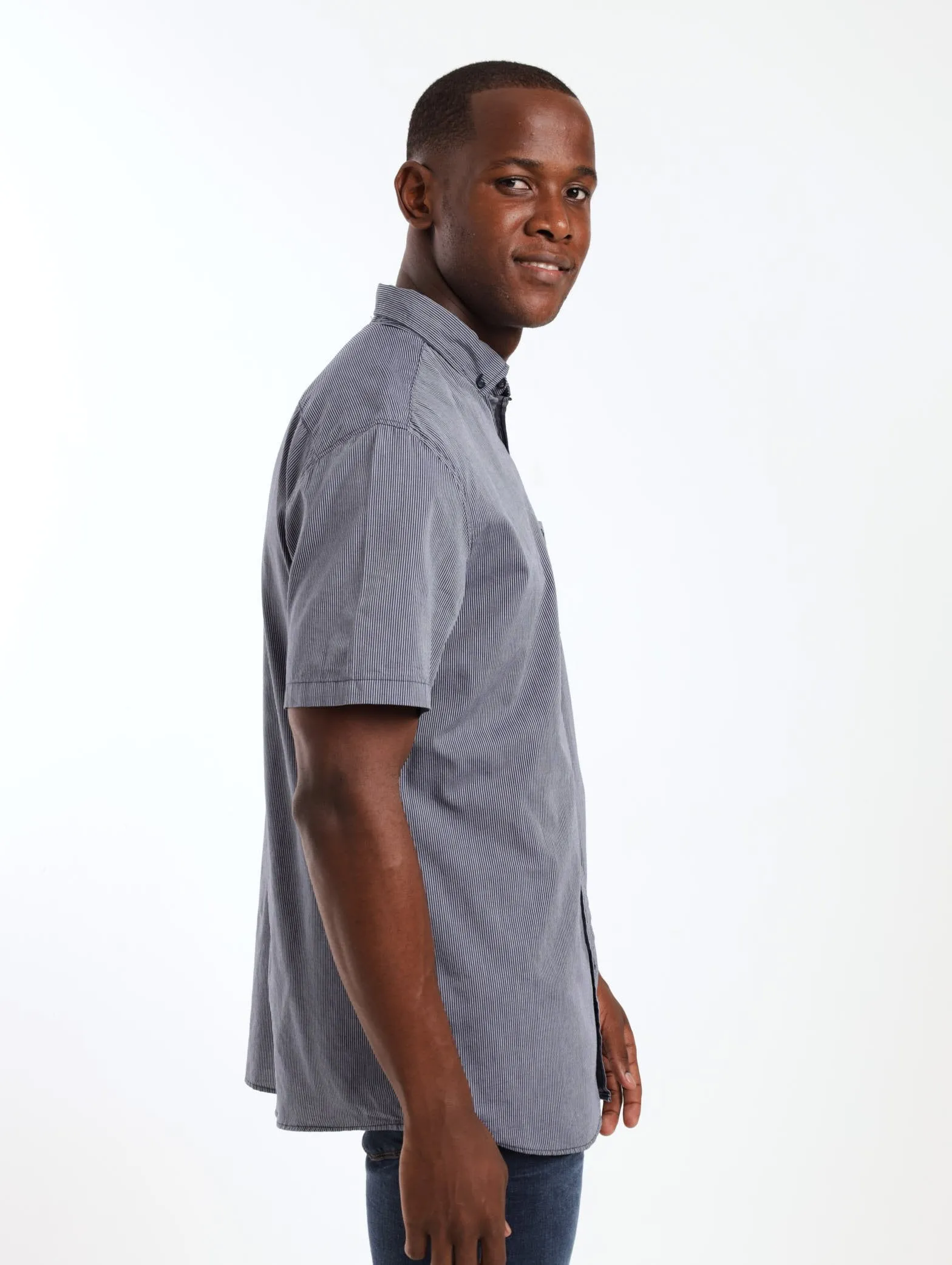 Men's Short Sleeve Pin Feather Stripe Shirt - Navy