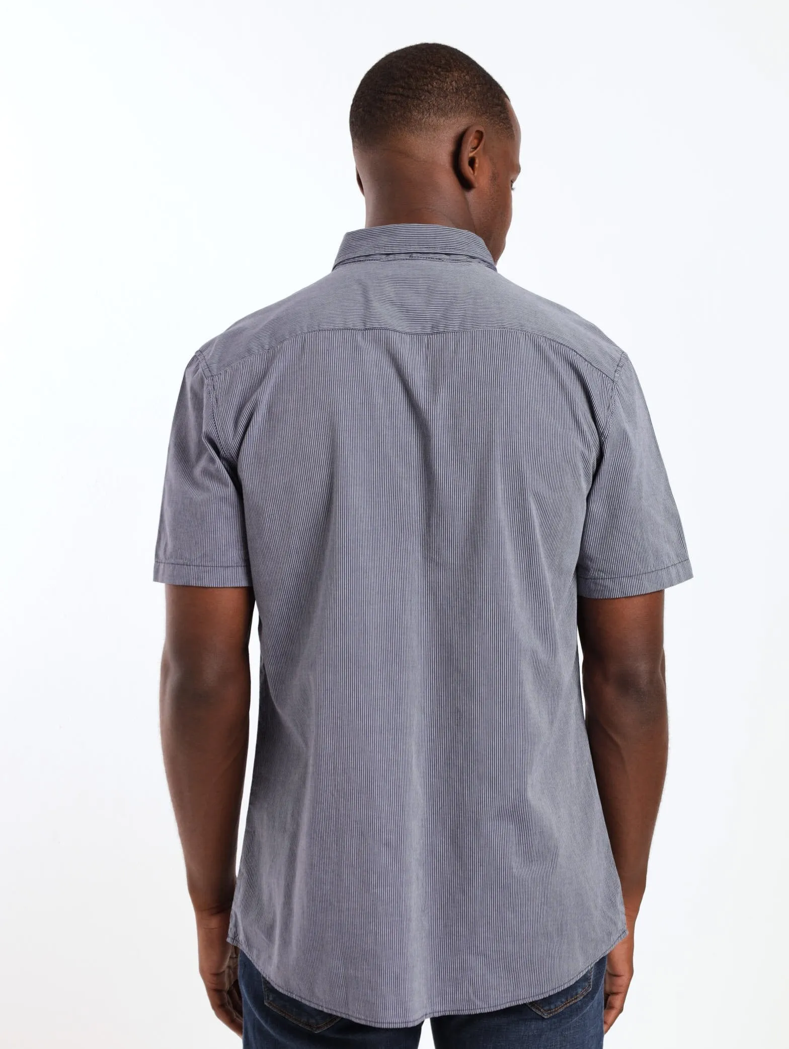 Men's Short Sleeve Pin Feather Stripe Shirt - Navy