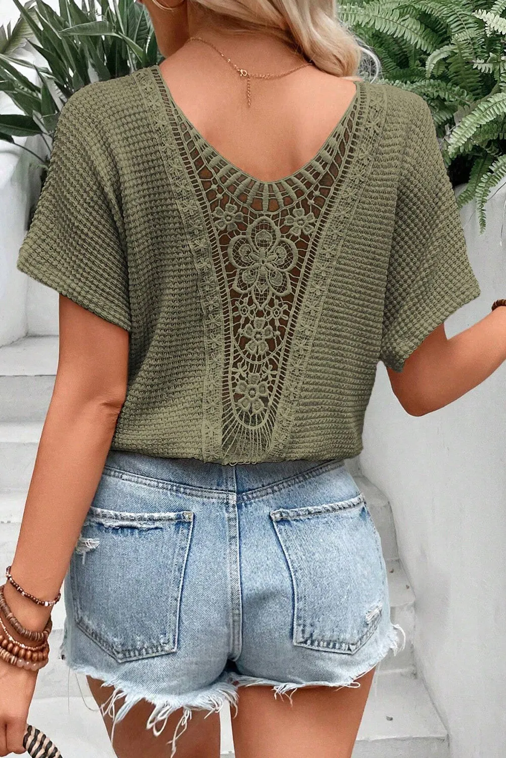Moss Green Guipure Lace Patch Textured T-shirt