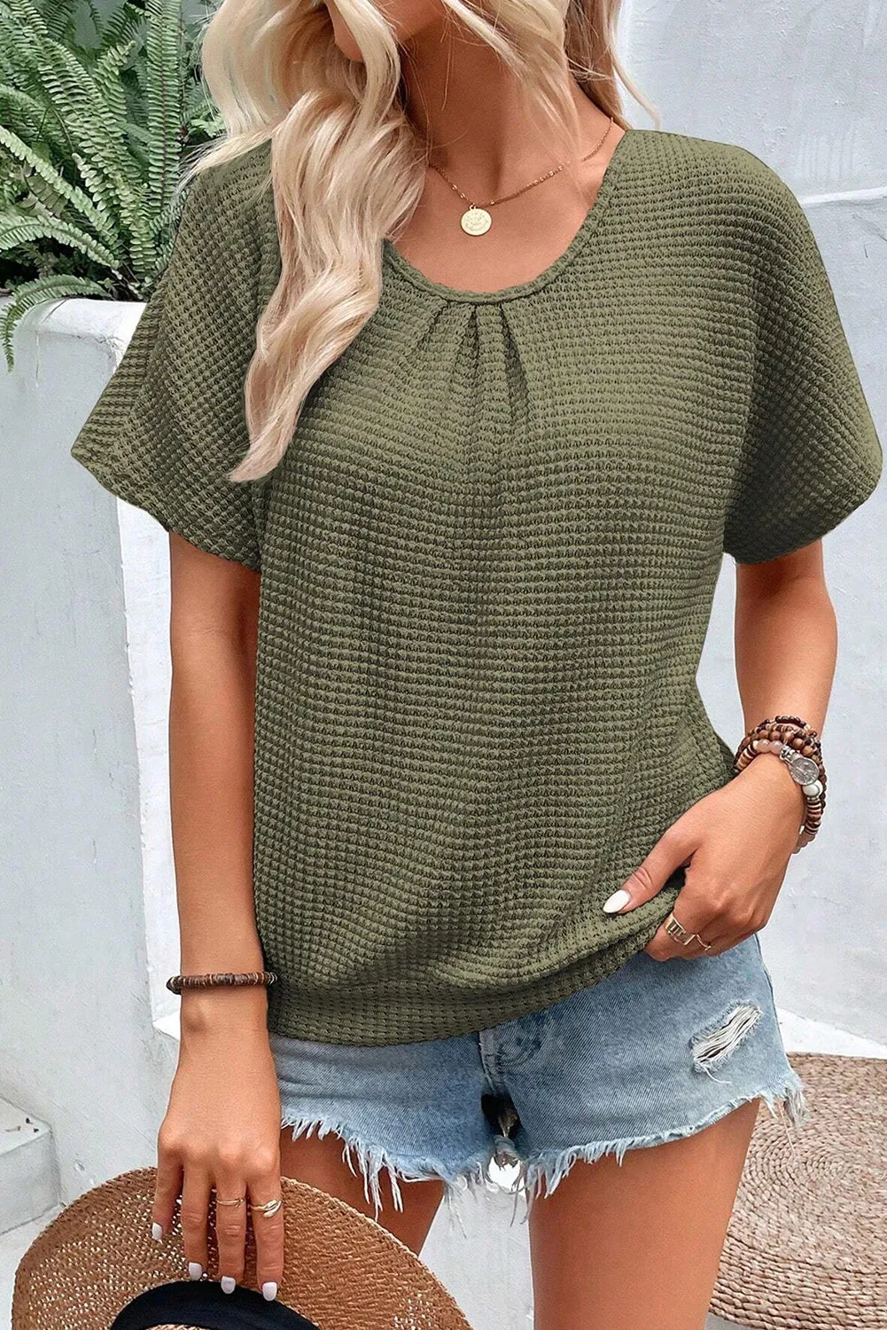 Moss Green Guipure Lace Patch Textured T-shirt
