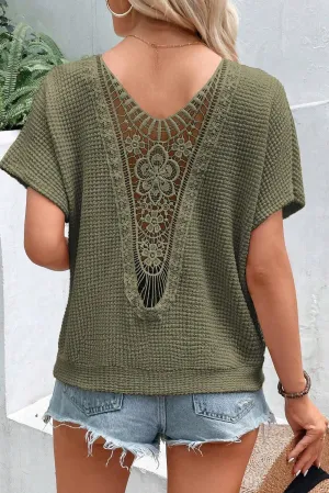 Moss Green Guipure Lace Patch Textured T-shirt