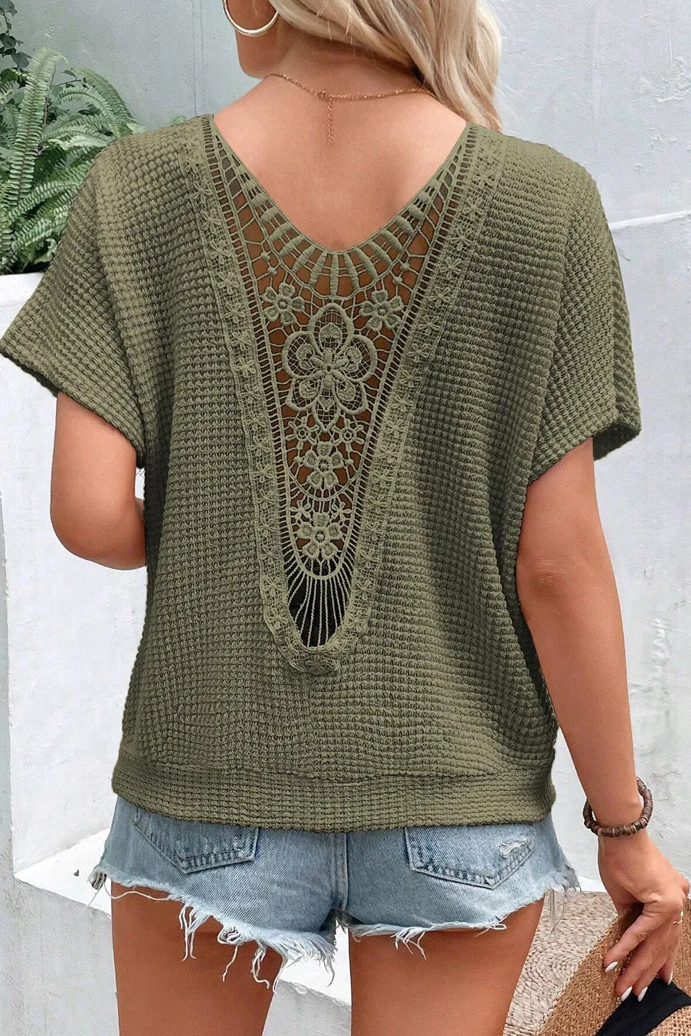 Moss Green Guipure Lace Patch Textured T-shirt