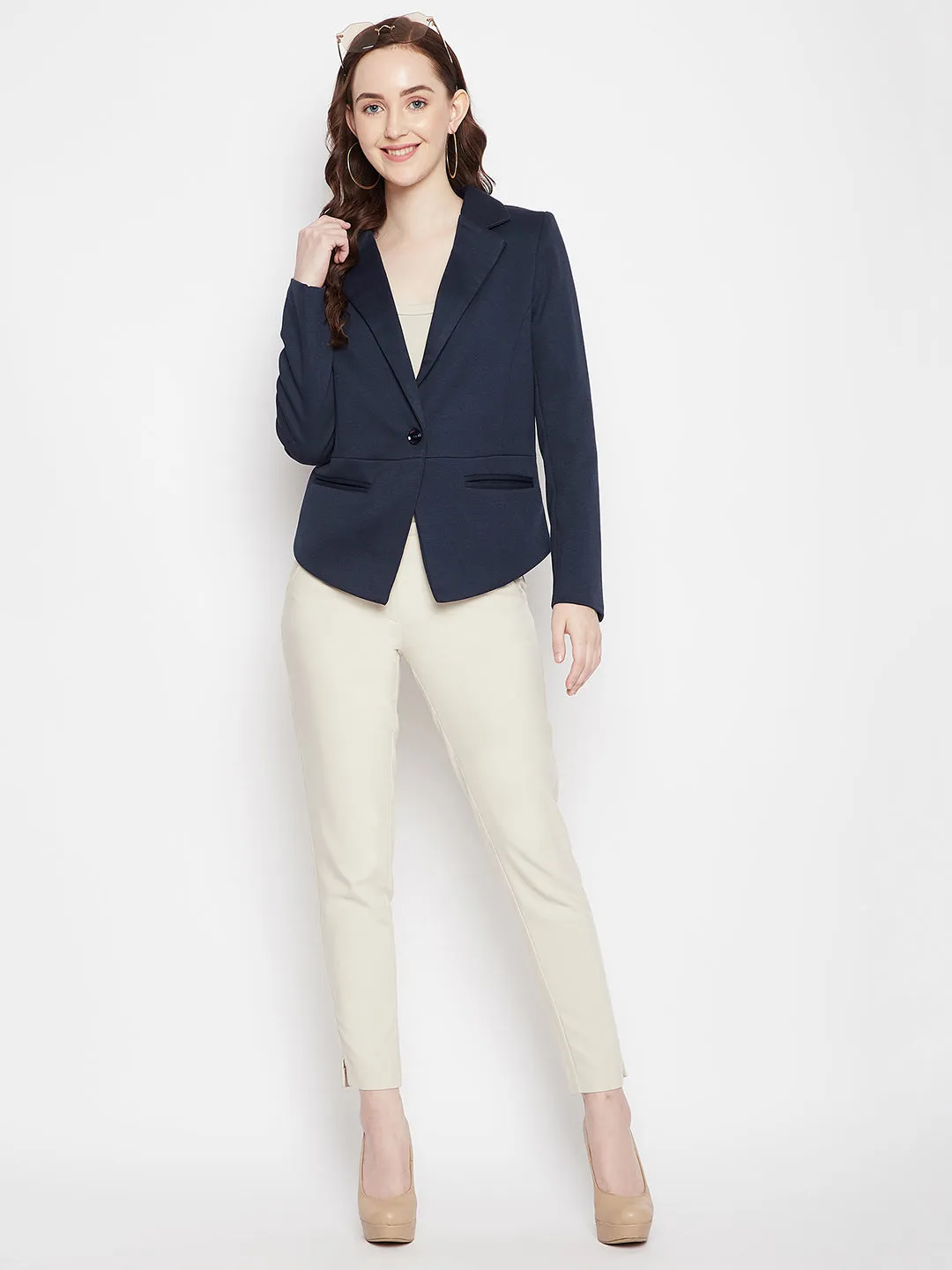 Navy Blue Notched Lapel Blazer
