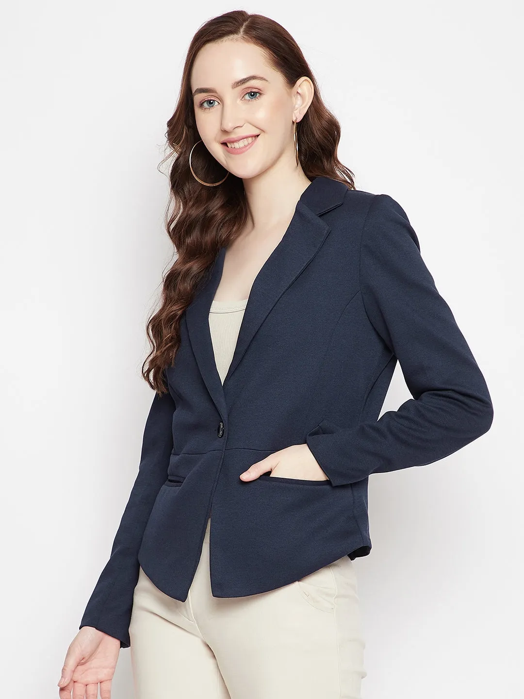 Navy Blue Notched Lapel Blazer