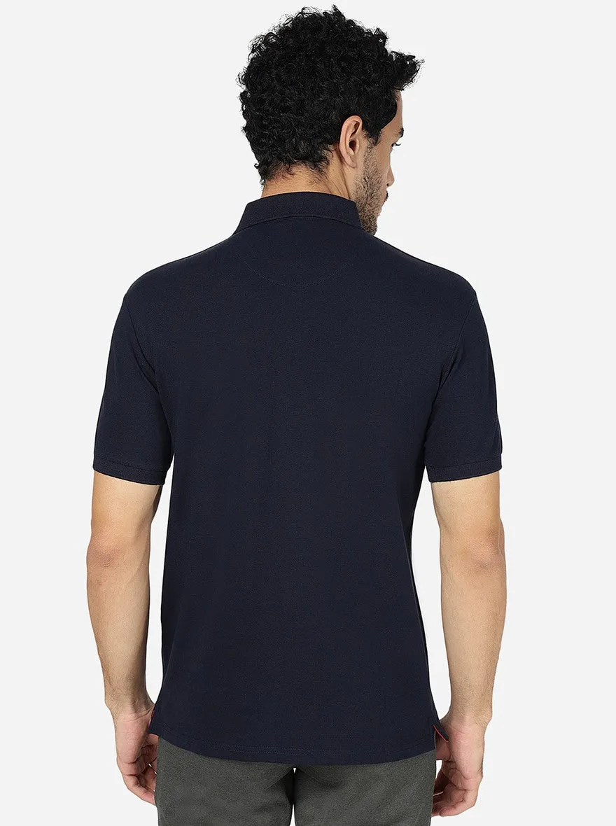 Navy Blue Solid Slim Fit Polo T-Shirt | JadeBlue